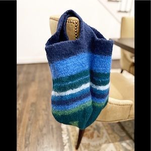 Large Felted Wool Blue/Green Stripe Tote Bag, Knitting Bag, Book Or Project Bag